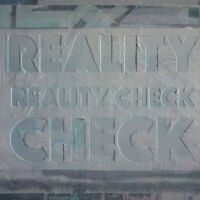 Reality Check- Mixed media. Tape en acryl op aluminum 30/40 cm Kunst- Marit Otto- Mixed media- Reality Check-2018